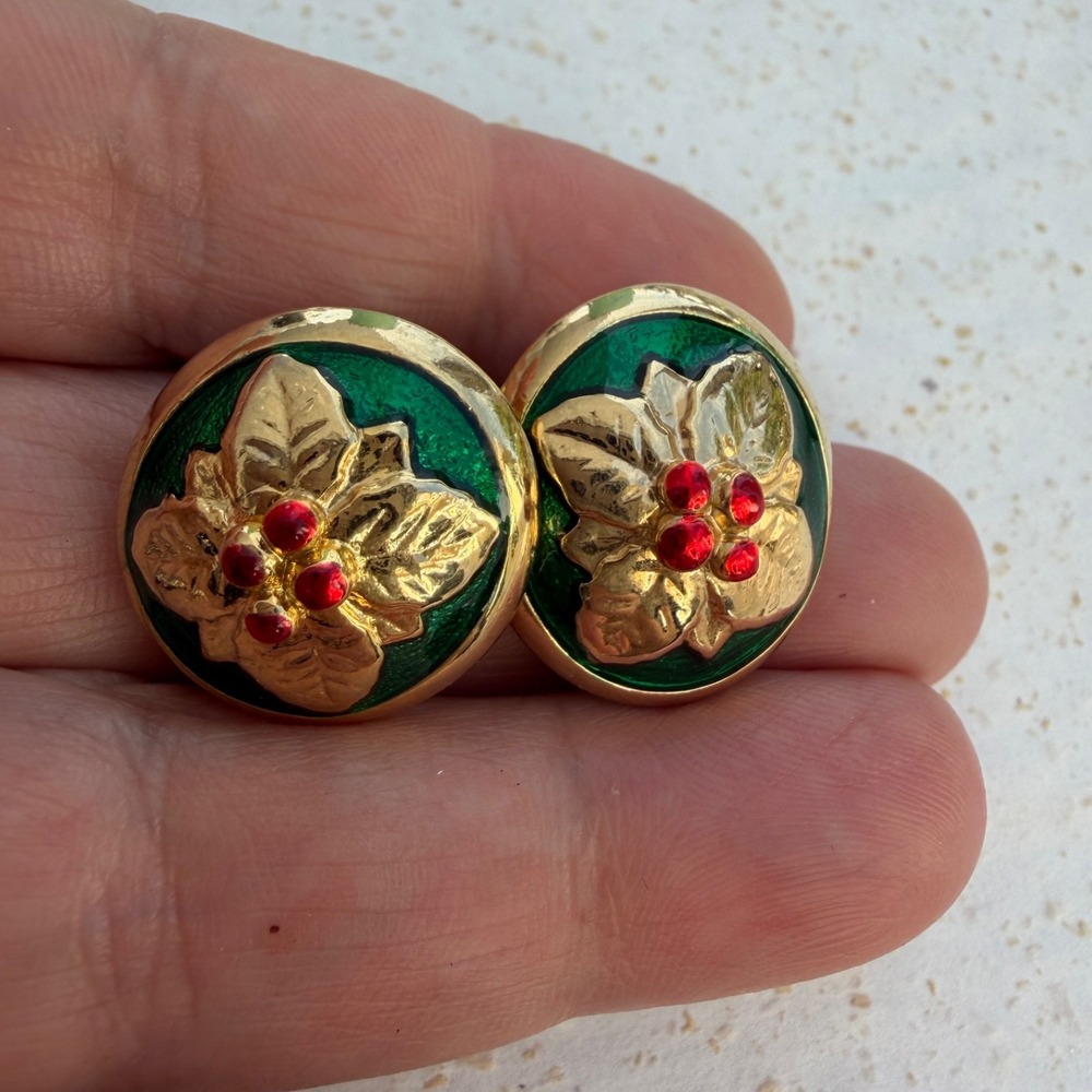 Vintage Danecraft Christmas Holly Berry Green Red Enamel Clip on Earrings Gold